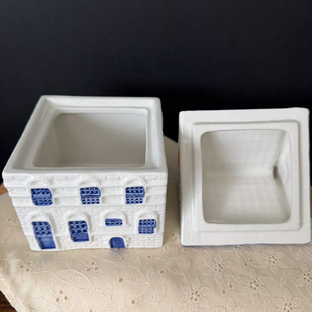 Delft Holland ING Bank Ceramic Canal House Lidded Canister Blue White Vintage - Picture 5 of 7